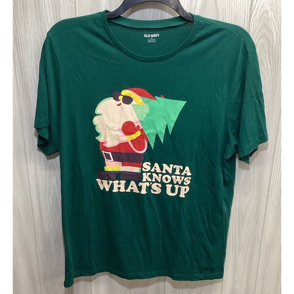 OLD NAVY Women's (Size XL) Short Sleeve Crew Neck T-Shirt Green Santa Graphic